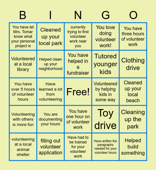 Personal Projects Bingo Card