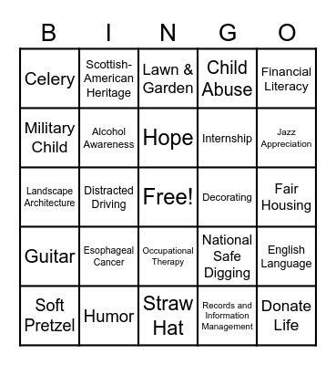 April Is ????? Appreciation / Awareness Month Bingo Card