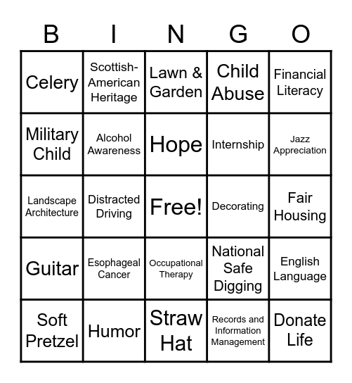 April Is ????? Appreciation / Awareness Month Bingo Card