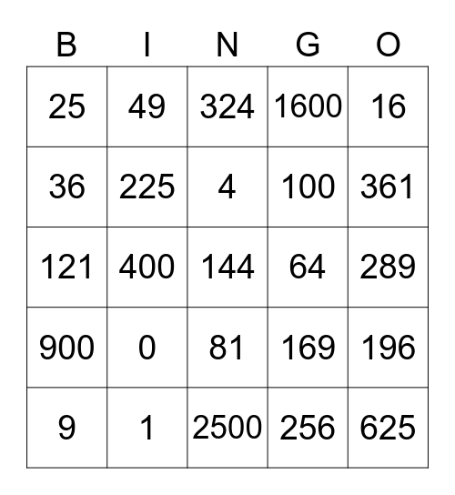 Perfect Squares Bingo Card