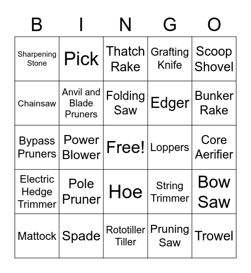 Pruning Equipment Bingo Card
