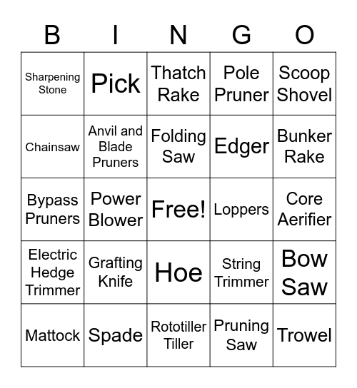 Pruning Equipment Bingo Card