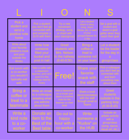 April LIONS Challenge Bingo Card