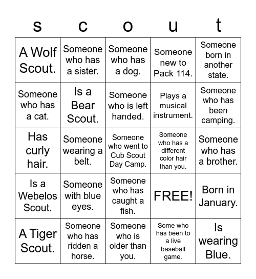 Pack 114 Bingo Card