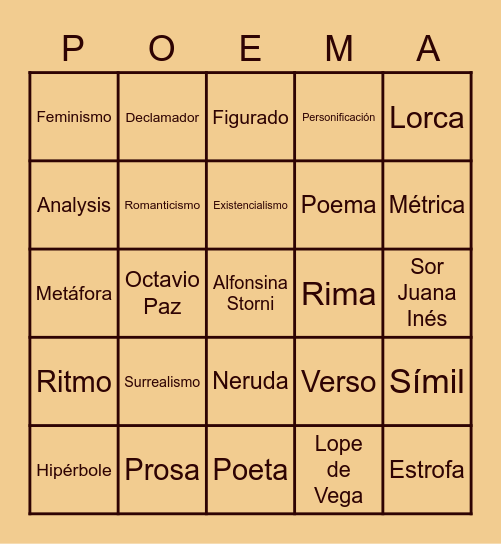 La Poesía Hispana Bingo Card