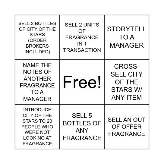 City of the Stars Bingo Card