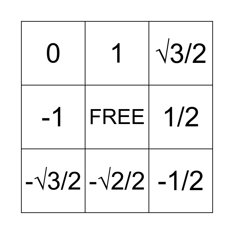 Unit Circle Bingo Card