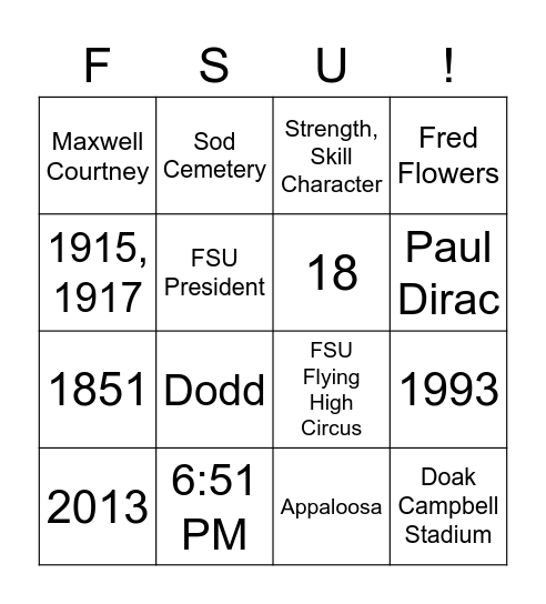 FSU Bingo Card