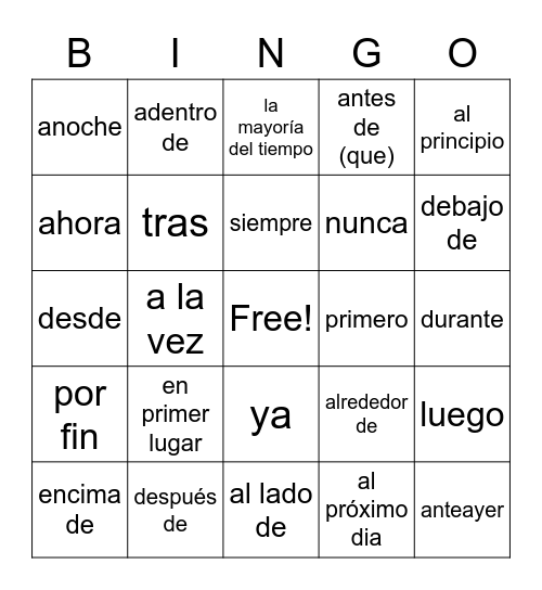 IB Spanish: little words #1 Bingo Card