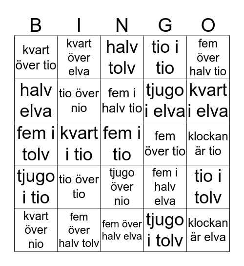 Klockan Bingo Card