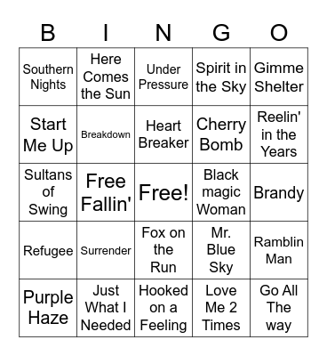 Classic Rock Bingo Card