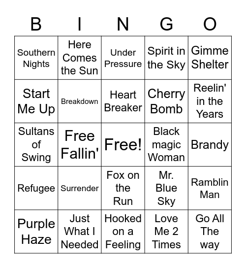 Classic Rock Bingo Card