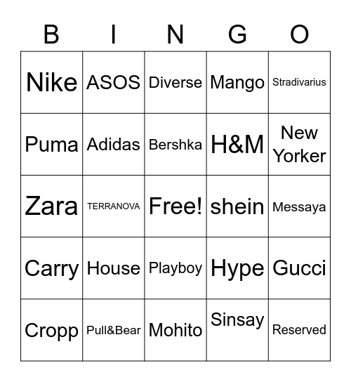 shop Bingo Card