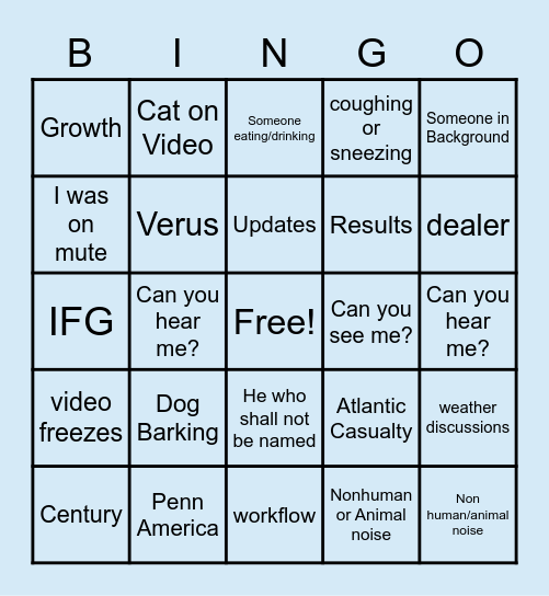Garage Department Bingo Card