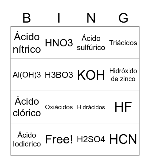 BINGO ÁCIDOS E BASES Bingo Card