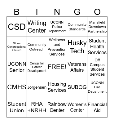 UCONN RA Resource Fair Bingo Card