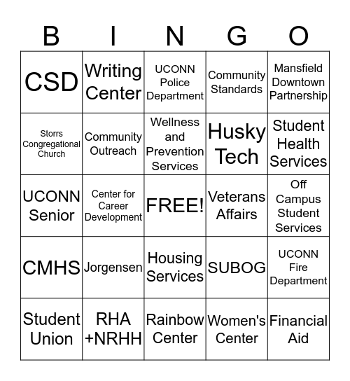 UCONN RA Resource Fair Bingo Card