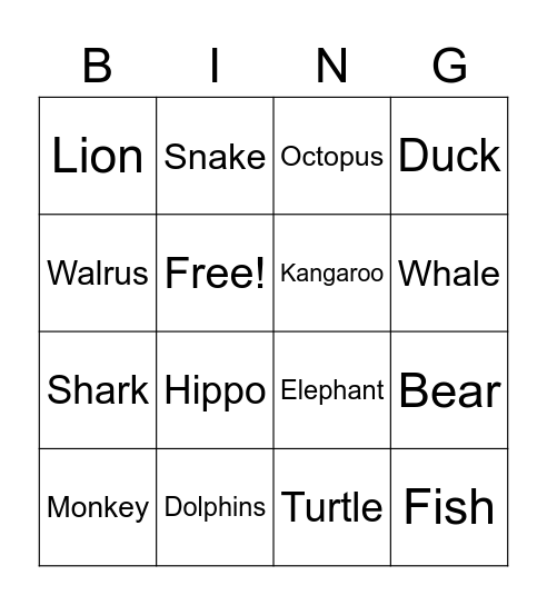 Animals Bingo Card