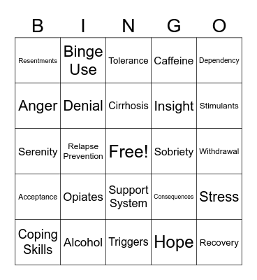 RECOVERY BINGO Card