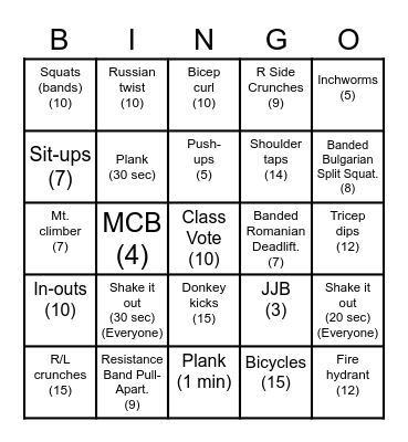 Fitness Bingo Card