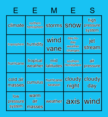 Weather Vocabulary 2 Bingo Card