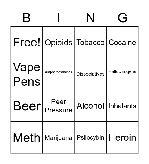 Drugs and Alcohol Bingo Card