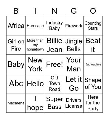 Juke Box Bingo Card
