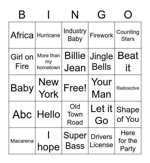 Juke Box Bingo Card