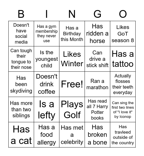 ICE BREAKER BIGO Bingo Card