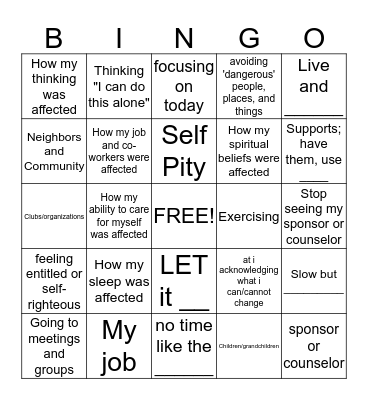 Recovery Bingo Card