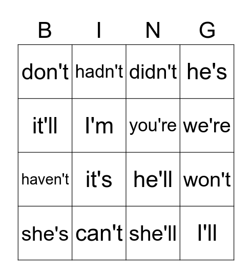 Contraction Bingo Card