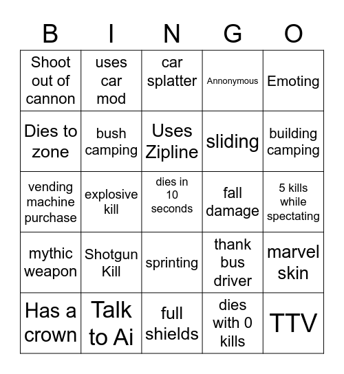 fortnite bingo Card