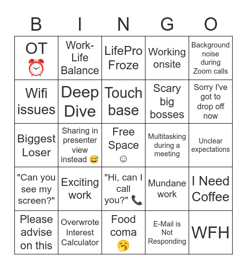work work work work work! Bingo Card