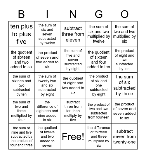 Written Expressions to Numerical Expressions Bingo Card