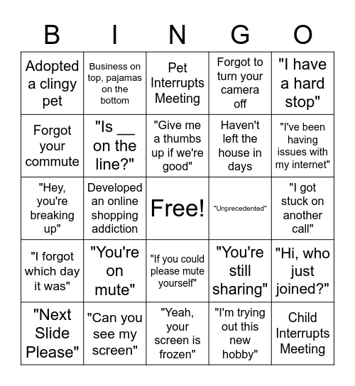 WFH Bingo Card