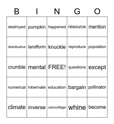 4th Grade Spelling Words Bingo Card