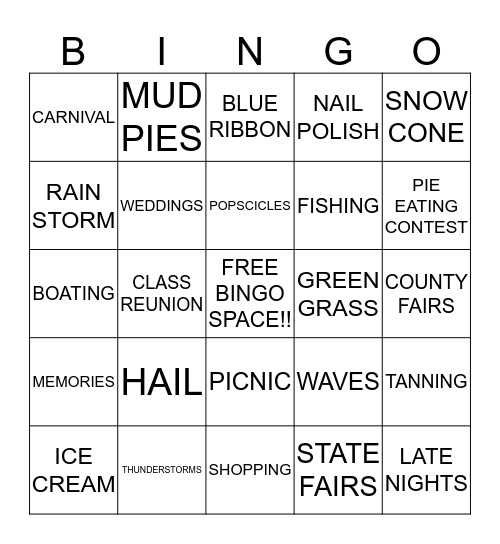 BEACH WEEK  Bingo Card