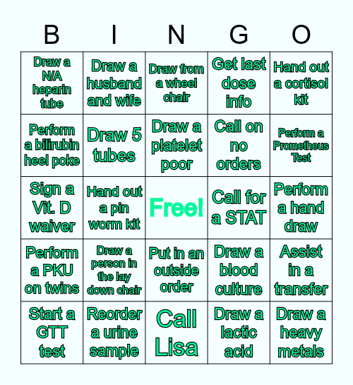 Phlebotomy Bingo Card