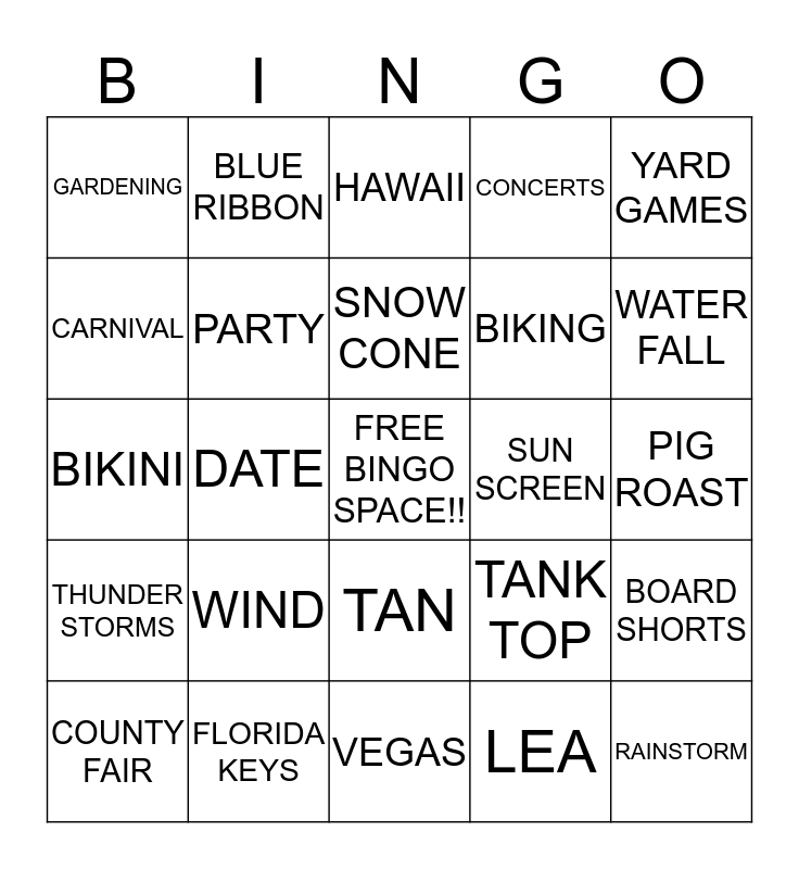 BEACH WEEK Bingo Card