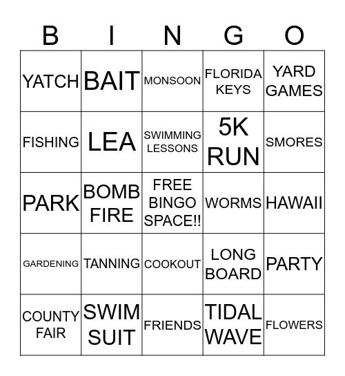 BEACH WEEK  Bingo Card