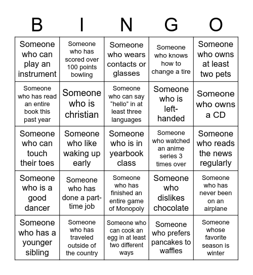 Class Bonding BINGO Card