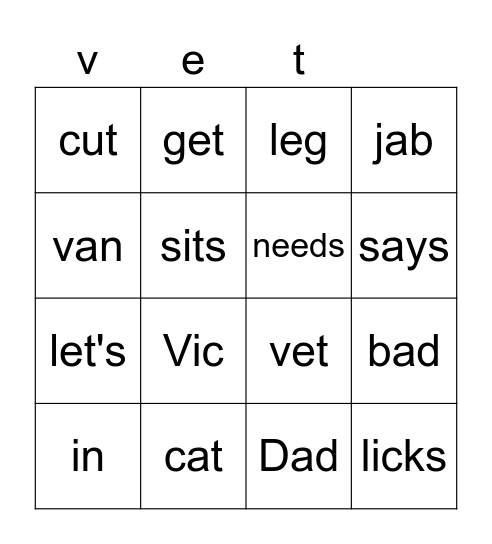 Get to the Vet Bingo Card