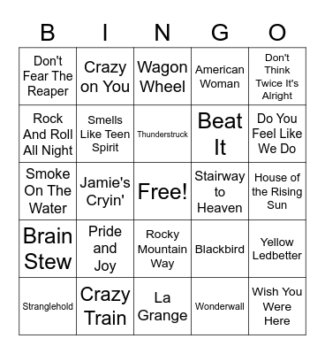 Guitar Anthems Bingo Card