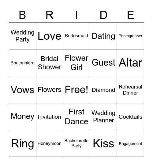 Kaitlin's Bridal Shower Bingo Card