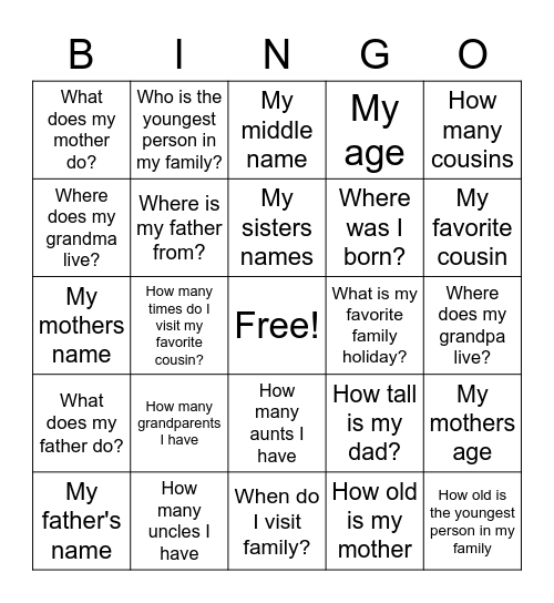 My family Bingo Card