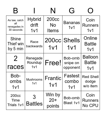 Mario Kart 8 Deluxe Bingo Card