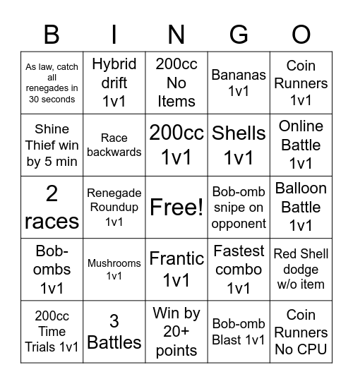 Mario Kart 8 Deluxe Bingo Card