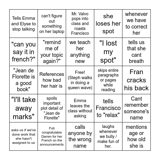 Mme. Foti Bingo Card