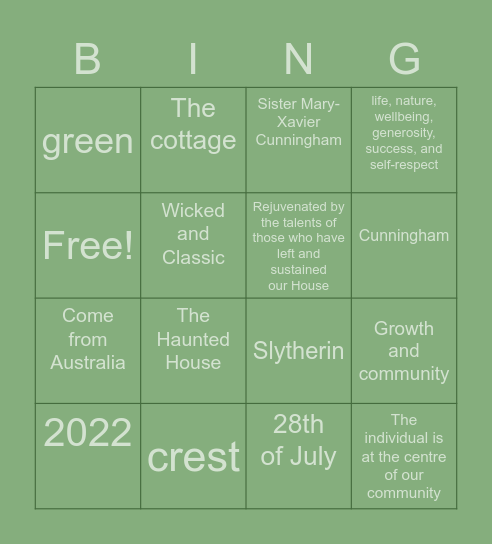 cunningham house Bingo Card