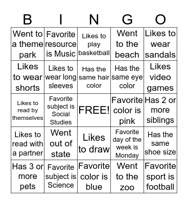 First Day of 4th Grade! Bingo Card